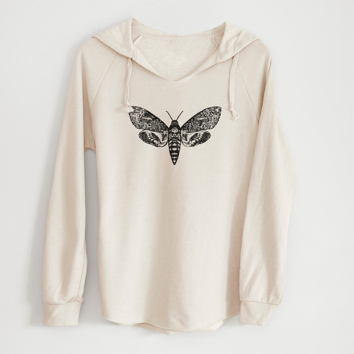 Bone cream women's Cali Wave hooded sweatshirt laid flat, printed with a detailed black ink illustration of a death's-head hawkmoth with its wings spread.