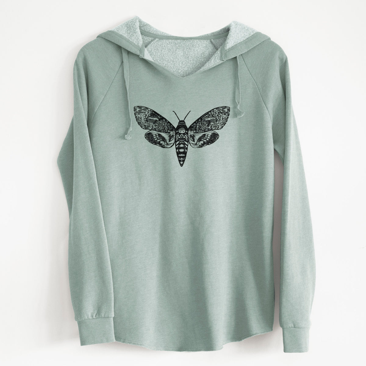 Sage green women's Cali Wave hooded sweatshirt laid flat, printed with a detailed black ink illustration of a death's-head hawkmoth with its wings spread.