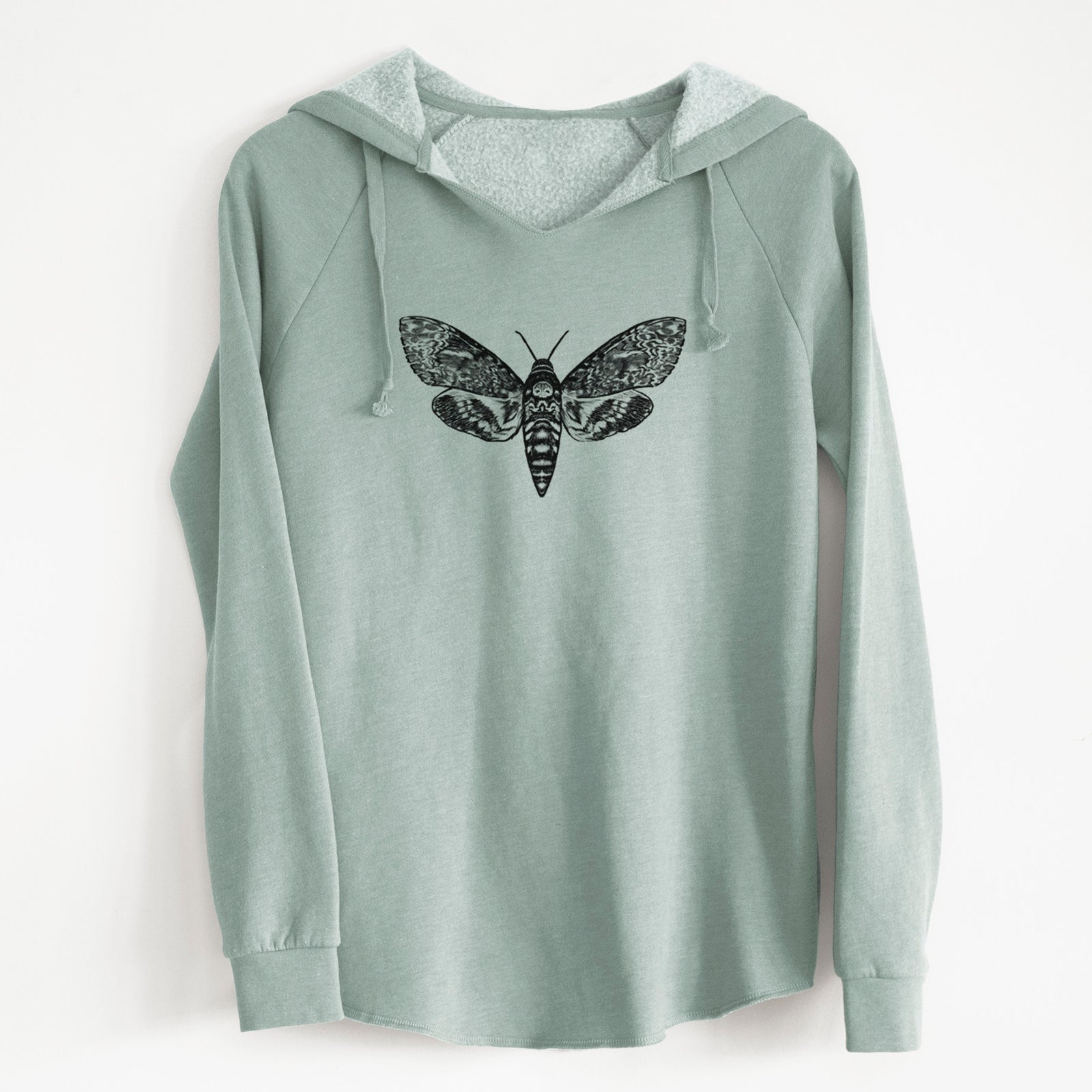 Sage green women's Cali Wave hooded sweatshirt laid flat, printed with a detailed black ink illustration of a death's-head hawkmoth with its wings spread.