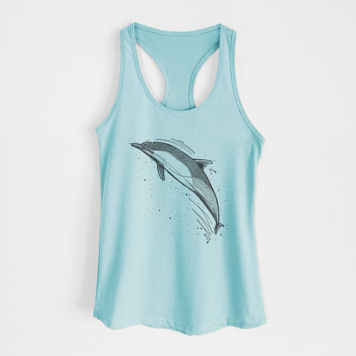 Cancun blue women's racerback tank top laid flat, printed with a black ink illustration of a common dolphin leaping, with ink splatters.
