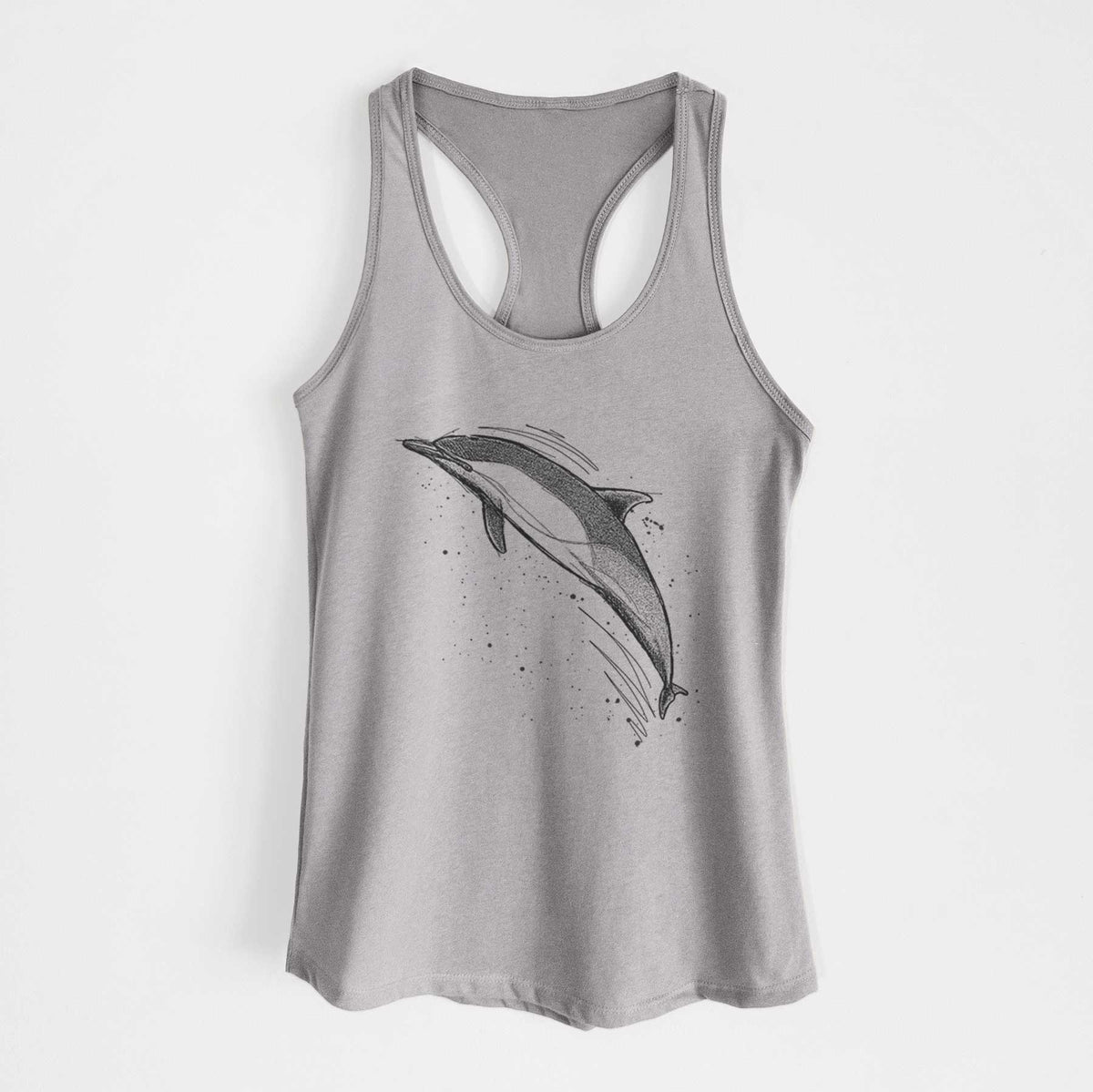 Heather grey women's racerback tank top laid flat, printed with a black ink illustration of a common dolphin leaping, with ink splatters.