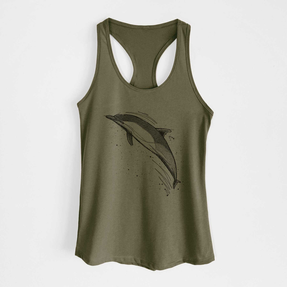Military green women's racerback tank top laid flat, printed with a black ink illustration of a common dolphin leaping, with ink splatters.
