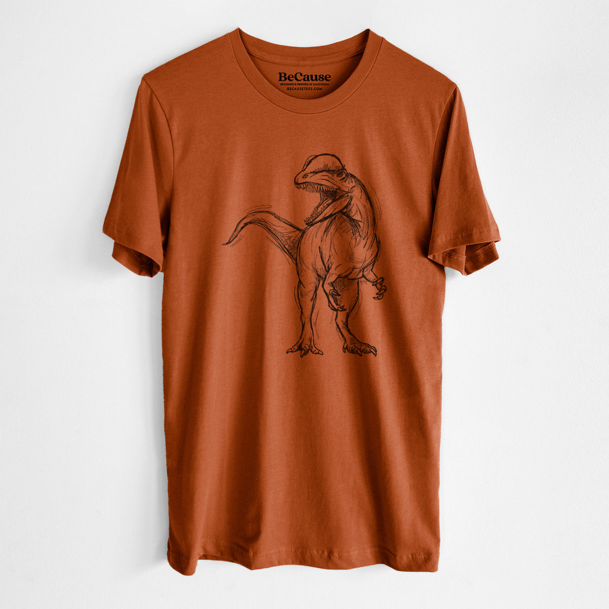 Autumn lightweight cotton t-shirt laid flat, printed with a black ink illustration of a Dilophosaurus with its neck frill, walking.