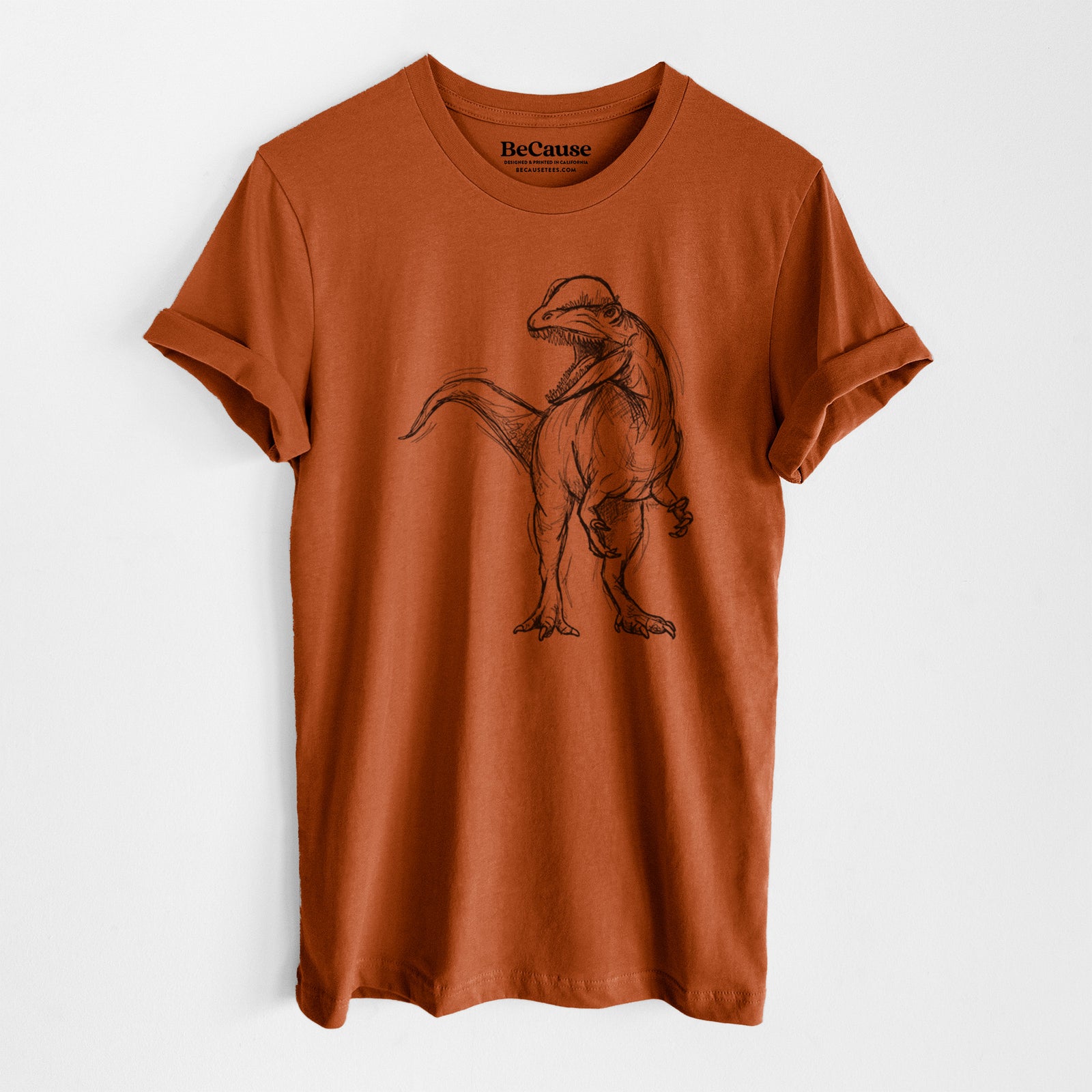 Autumn lightweight cotton t-shirt laid flat, printed with a black ink illustration of a Dilophosaurus with its neck frill, walking.