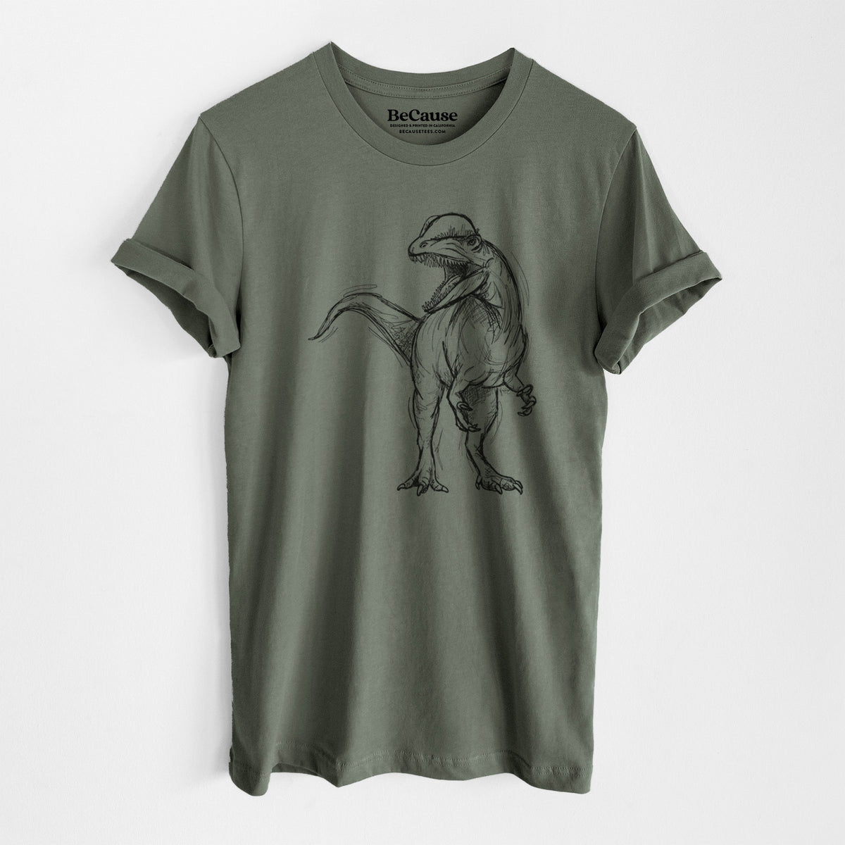Military green lightweight cotton t-shirt laid flat, printed with a black ink illustration of a Dilophosaurus with its neck frill, walking.