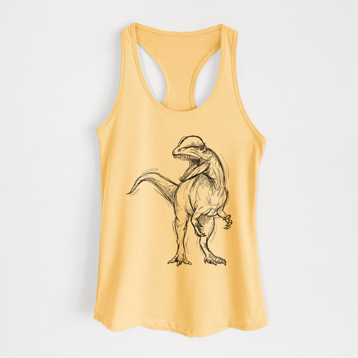 Banana cream women's racerback tank top laid flat, printed with a black ink illustration of a Dilophosaurus with its neck frill, walking.