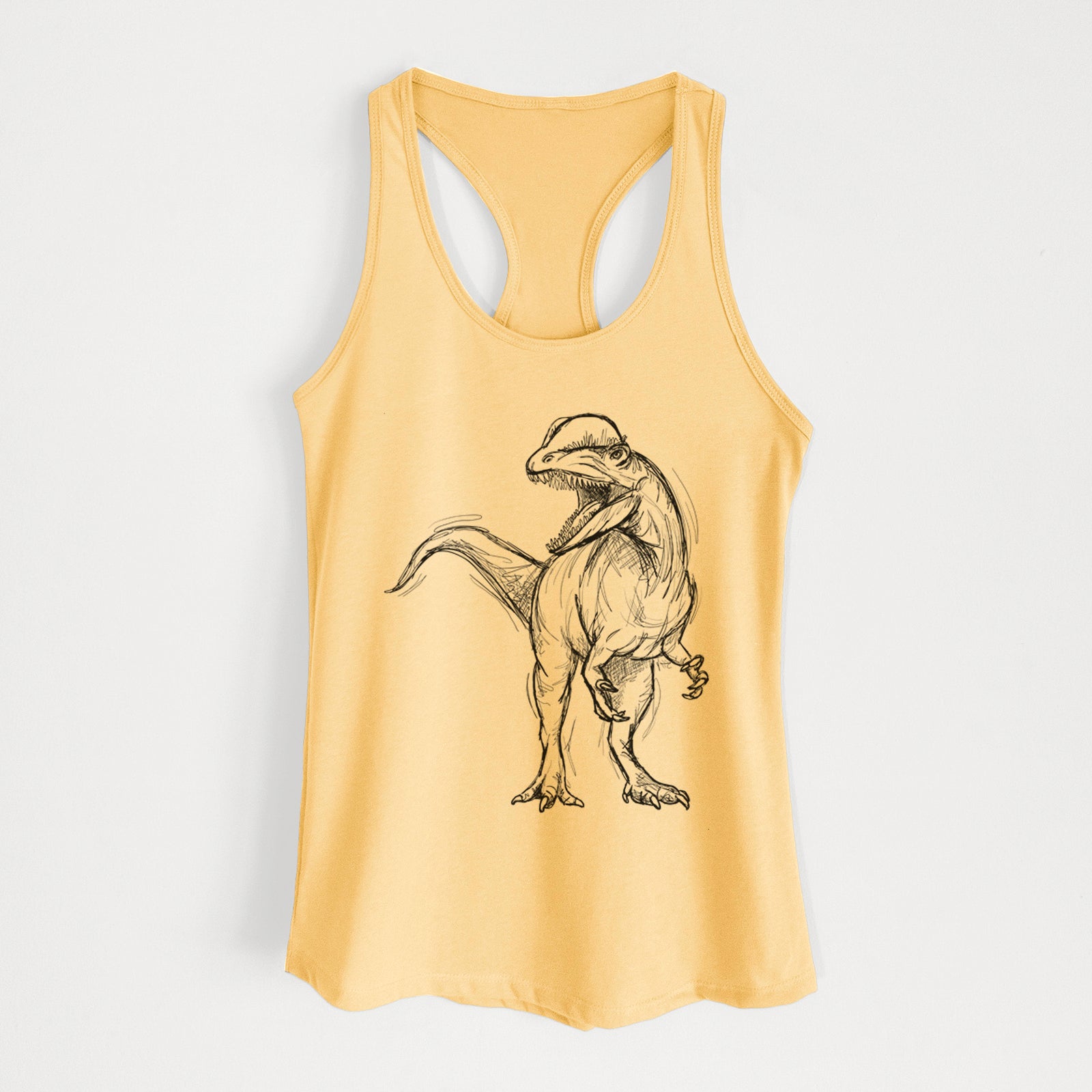 Banana cream women's racerback tank top laid flat, printed with a black ink illustration of a Dilophosaurus with its neck frill, walking.