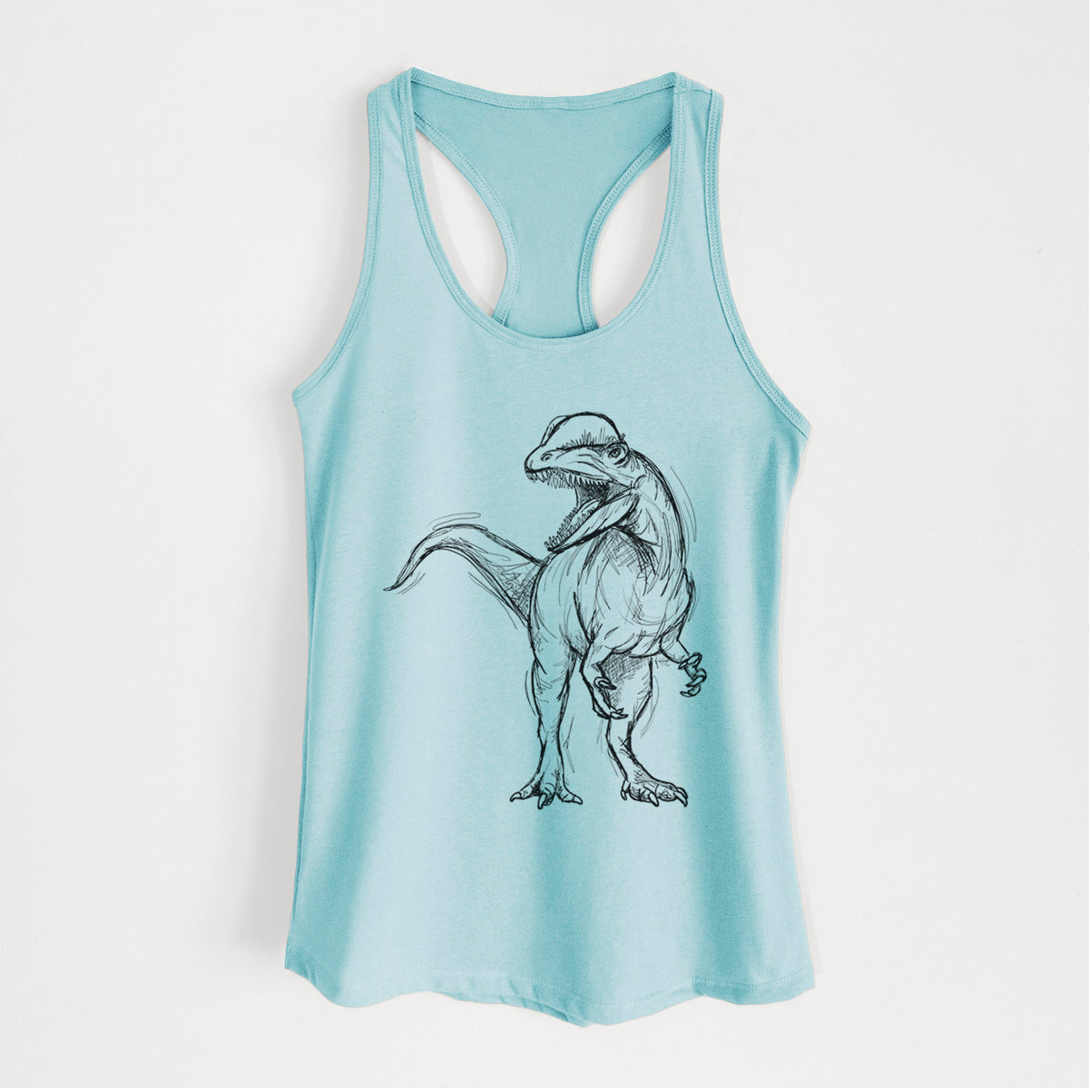 Cancun blue women's racerback tank top laid flat, printed with a black ink illustration of a Dilophosaurus with its neck frill, walking.