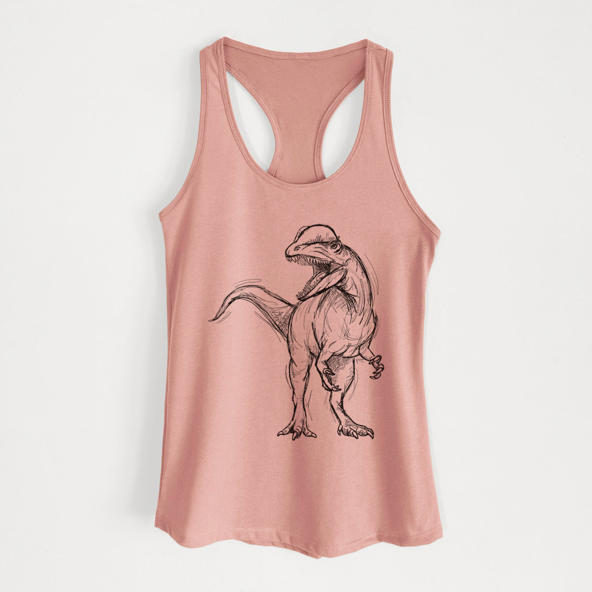 Desert pink women's racerback tank top laid flat, printed with a black ink illustration of a Dilophosaurus with its neck frill, walking.