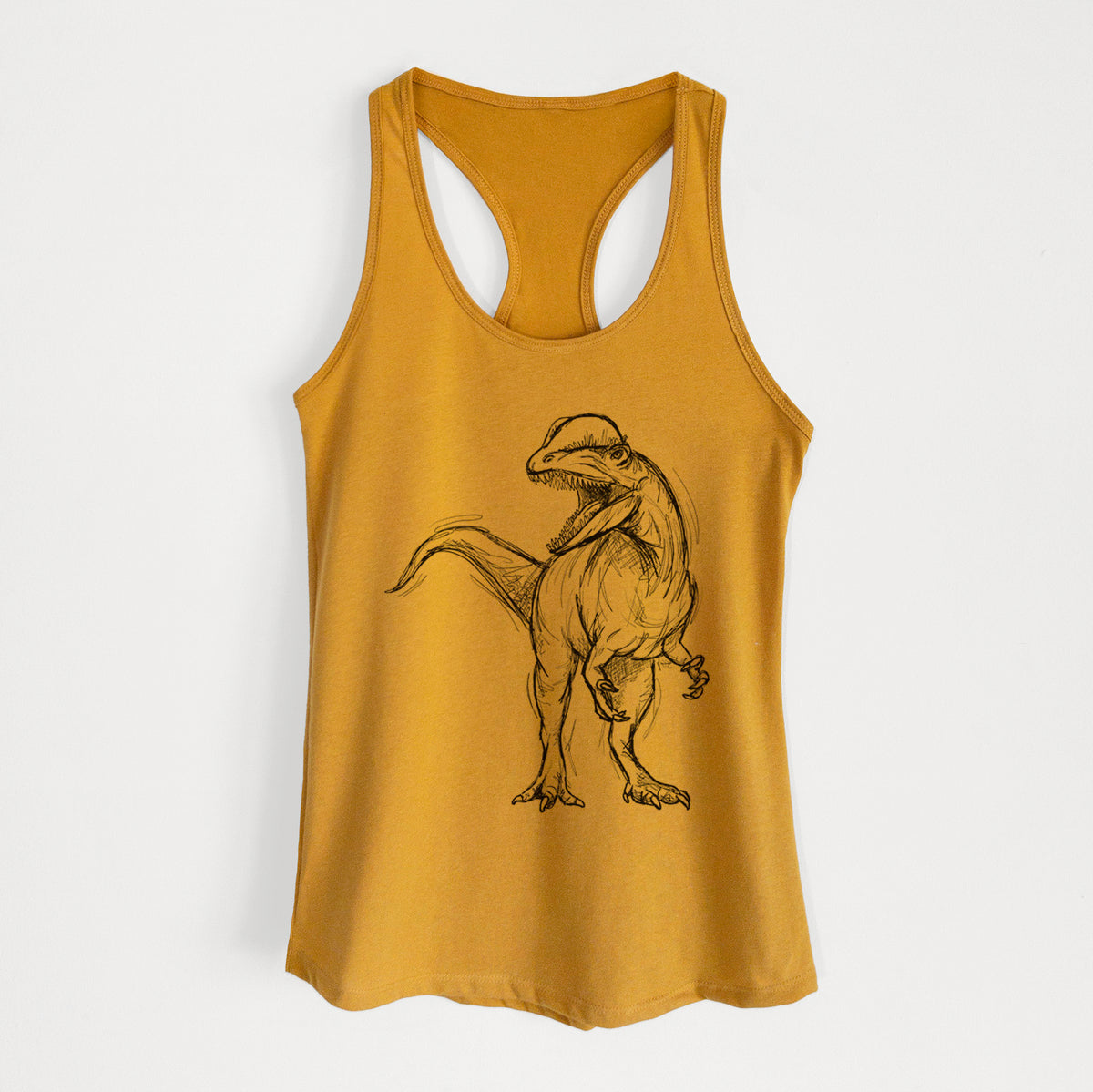 Gold women's racerback tank top laid flat, printed with a black ink illustration of a Dilophosaurus with its neck frill, walking.