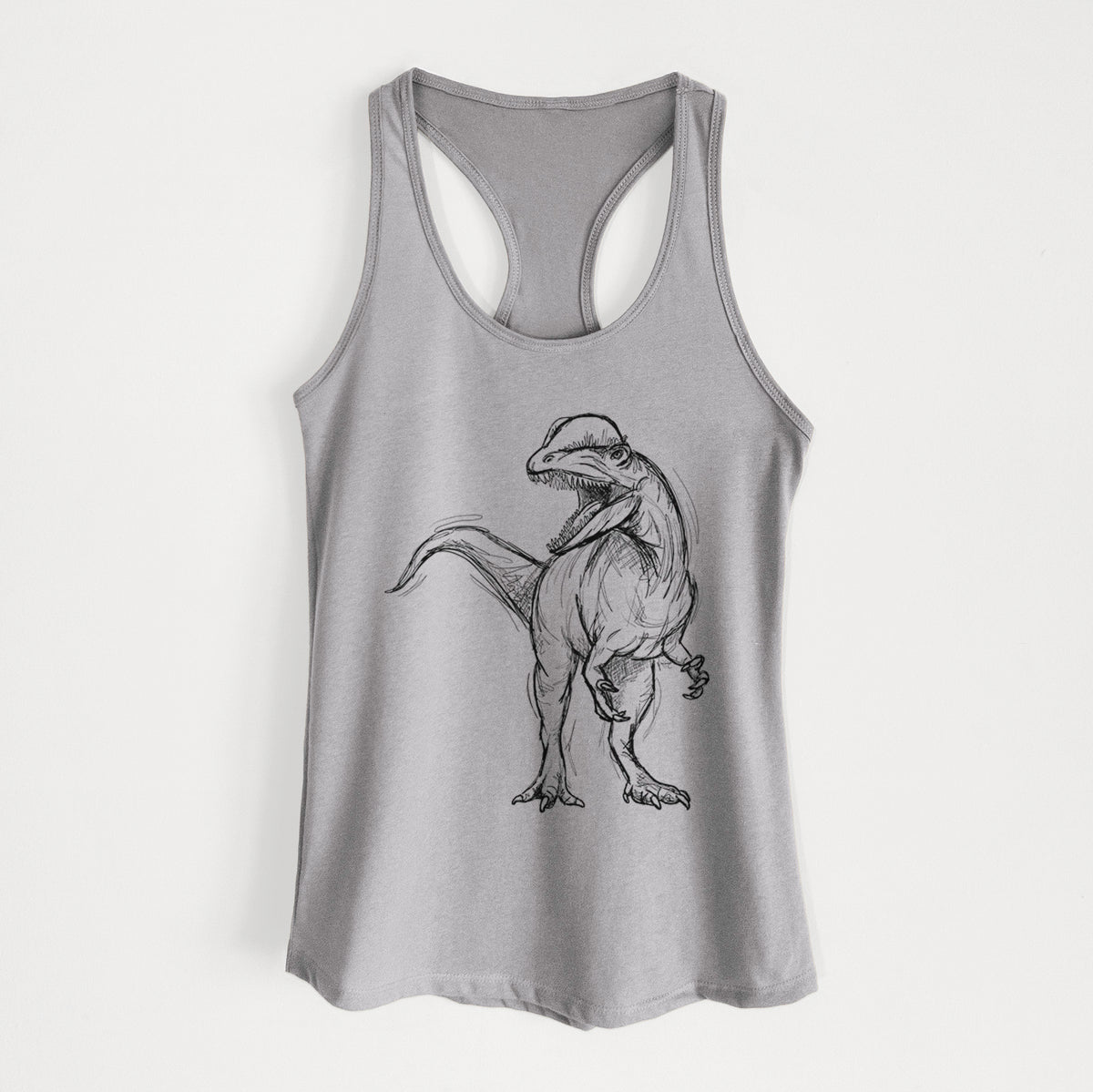 Heather grey women's racerback tank top laid flat, printed with a black ink illustration of a Dilophosaurus with its neck frill, walking.