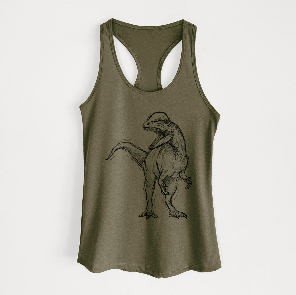 Military green women's racerback tank top laid flat, printed with a black ink illustration of a Dilophosaurus with its neck frill, walking.