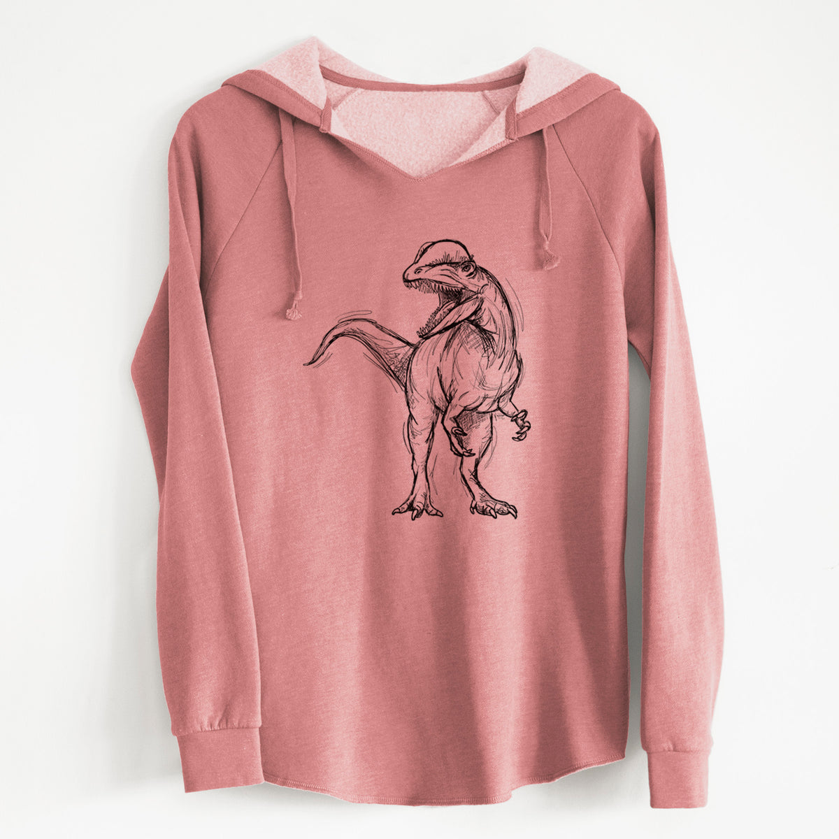 Dusty rose women's Cali Wave hooded sweatshirt laid flat, printed with a black ink illustration of a Dilophosaurus with its neck frill, walking.