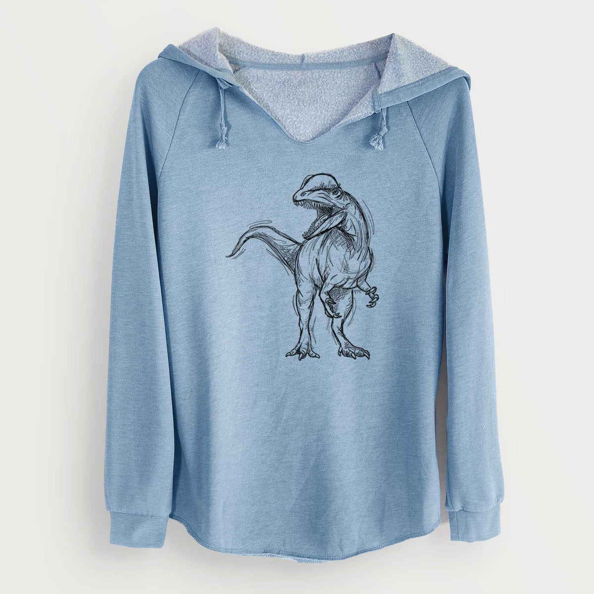Misty blue women's Cali Wave hooded sweatshirt laid flat, printed with a black ink illustration of a Dilophosaurus with its neck frill, walking.