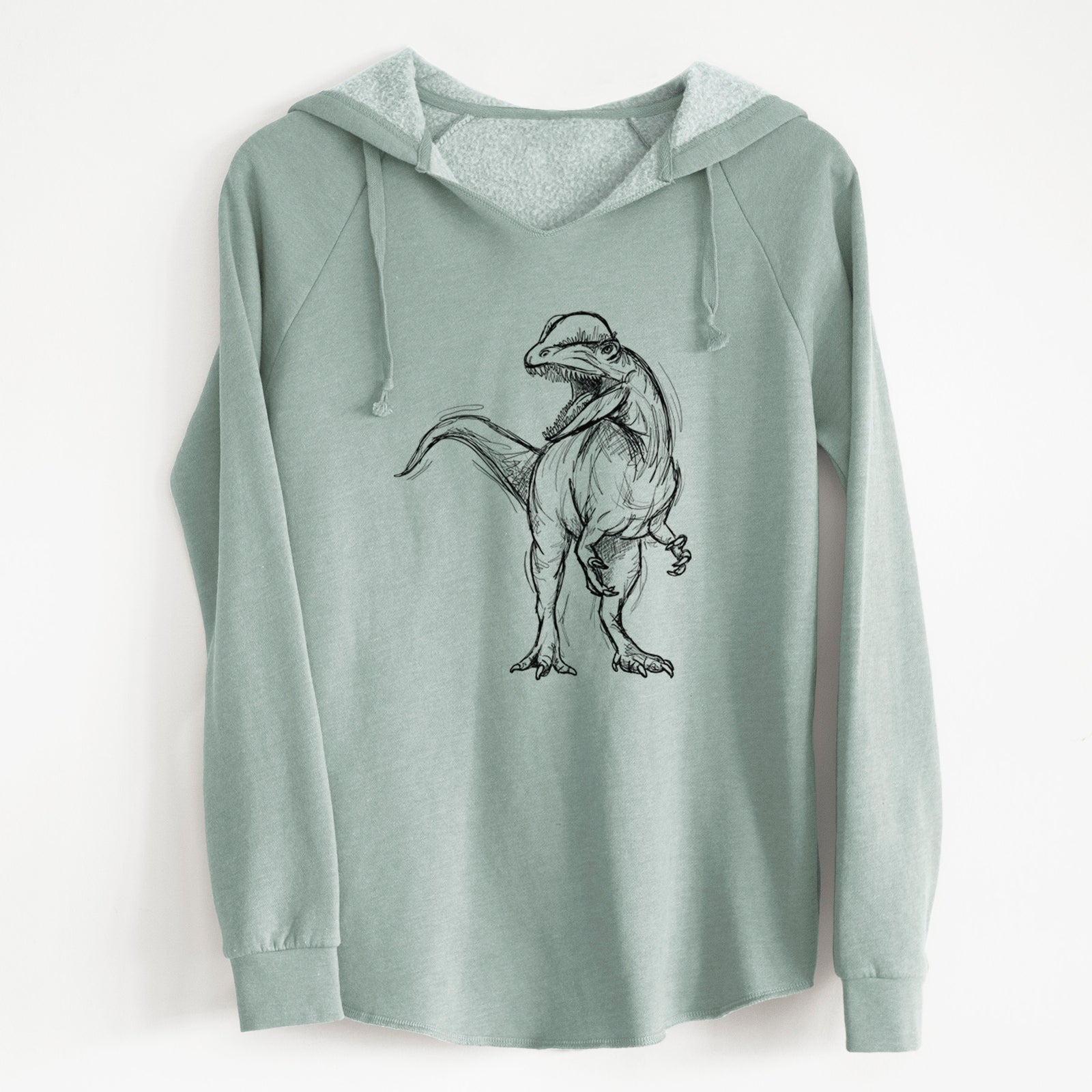 Sage green women's Cali Wave hooded sweatshirt laid flat, printed with a black ink illustration of a Dilophosaurus with its neck frill, walking.