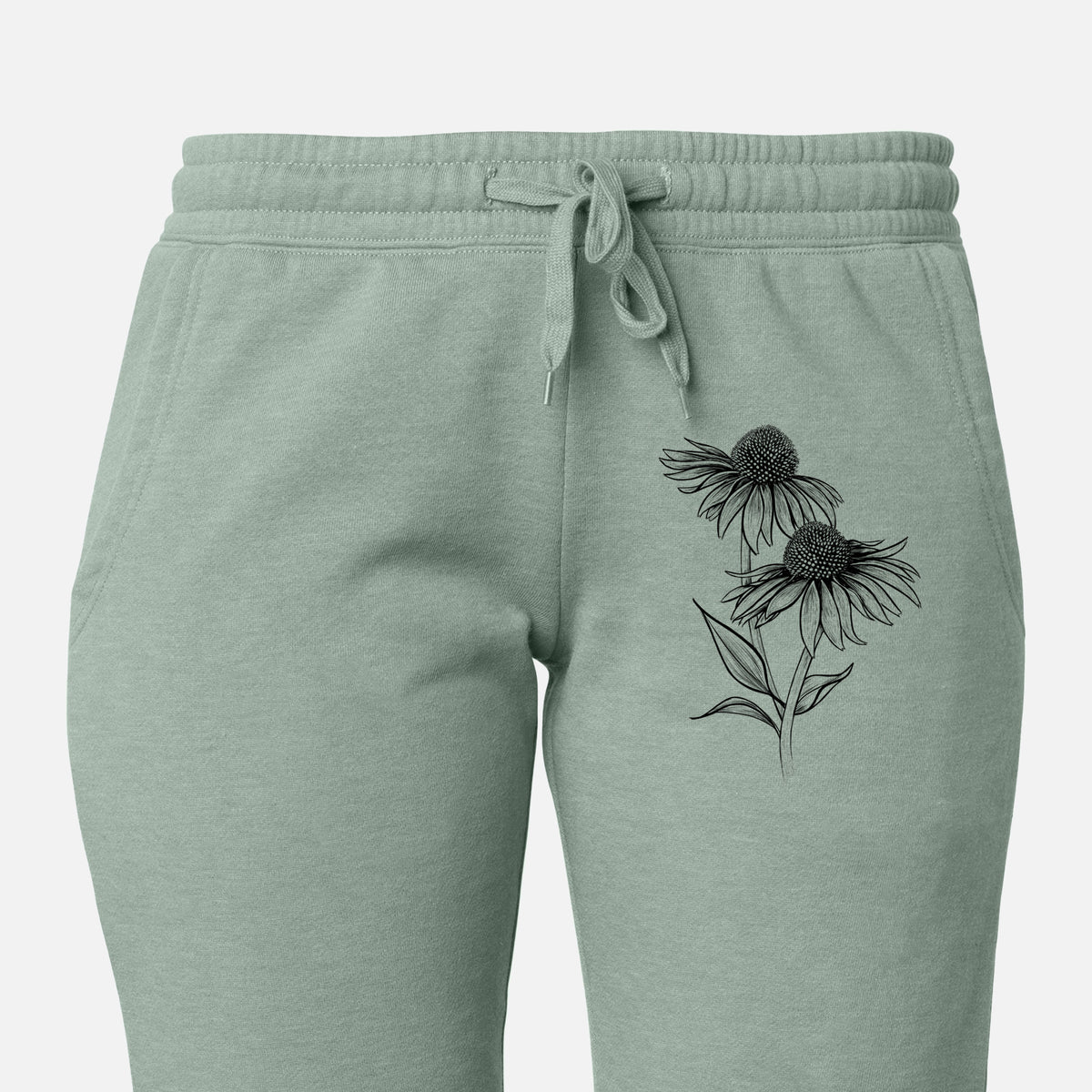 Front of sage green Cali Wave sweatpants, printed with a black ink line drawing of two coneflowers on tall stems on the leg.