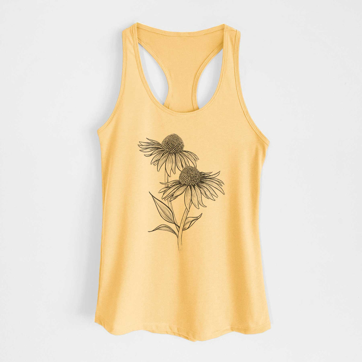 Banana cream women's racerback tank top laid flat, printed with a black ink line drawing of two coneflowers on tall stems.