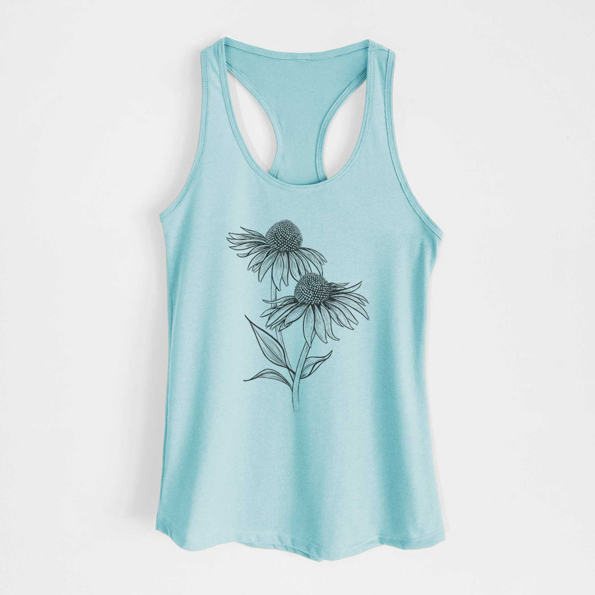 Cancun blue women's racerback tank top laid flat, printed with a black ink line drawing of two coneflowers on tall stems.