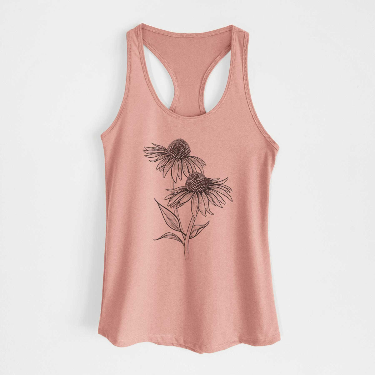 Desert pink women's racerback tank top laid flat, printed with a black ink line drawing of two coneflowers on tall stems.