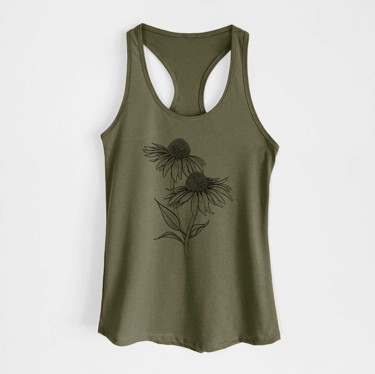 Military green women's racerback tank top laid flat, printed with a black ink line drawing of two coneflowers on tall stems.