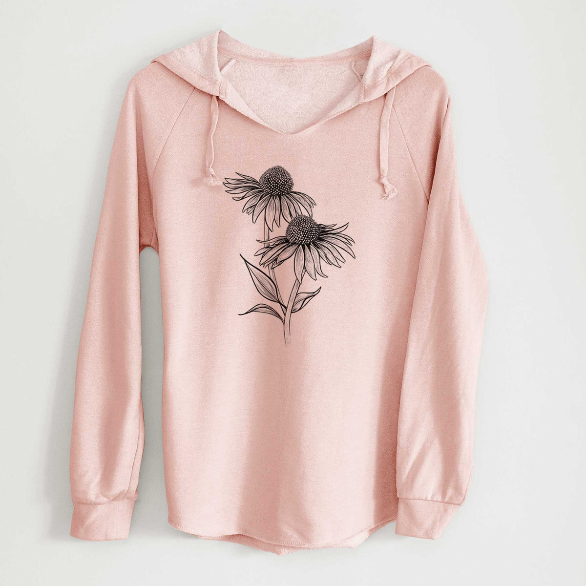 Blush pink women's Cali Wave hooded sweatshirt laid flat, printed with a black ink line drawing of two coneflowers on tall stems.