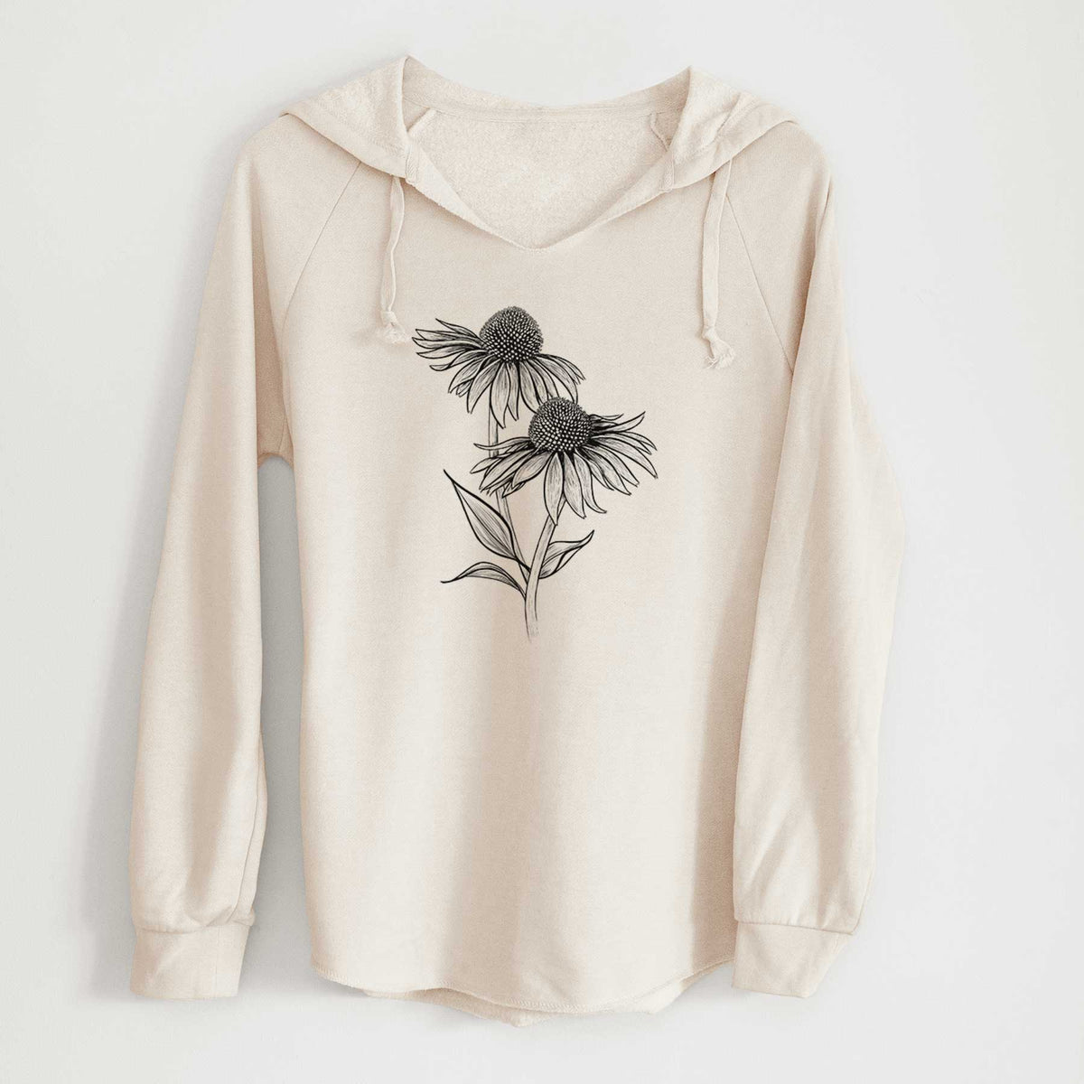 Bone cream women's Cali Wave hooded sweatshirt laid flat, printed with a black ink line drawing of two coneflowers on tall stems.