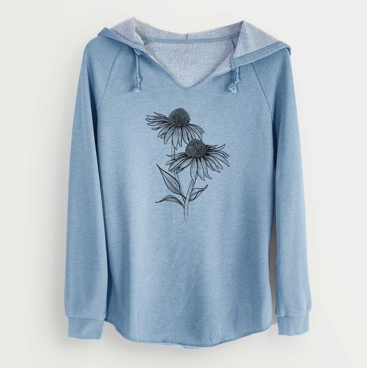 Misty blue women's Cali Wave hooded sweatshirt laid flat, printed with a black ink line drawing of two coneflowers on tall stems.