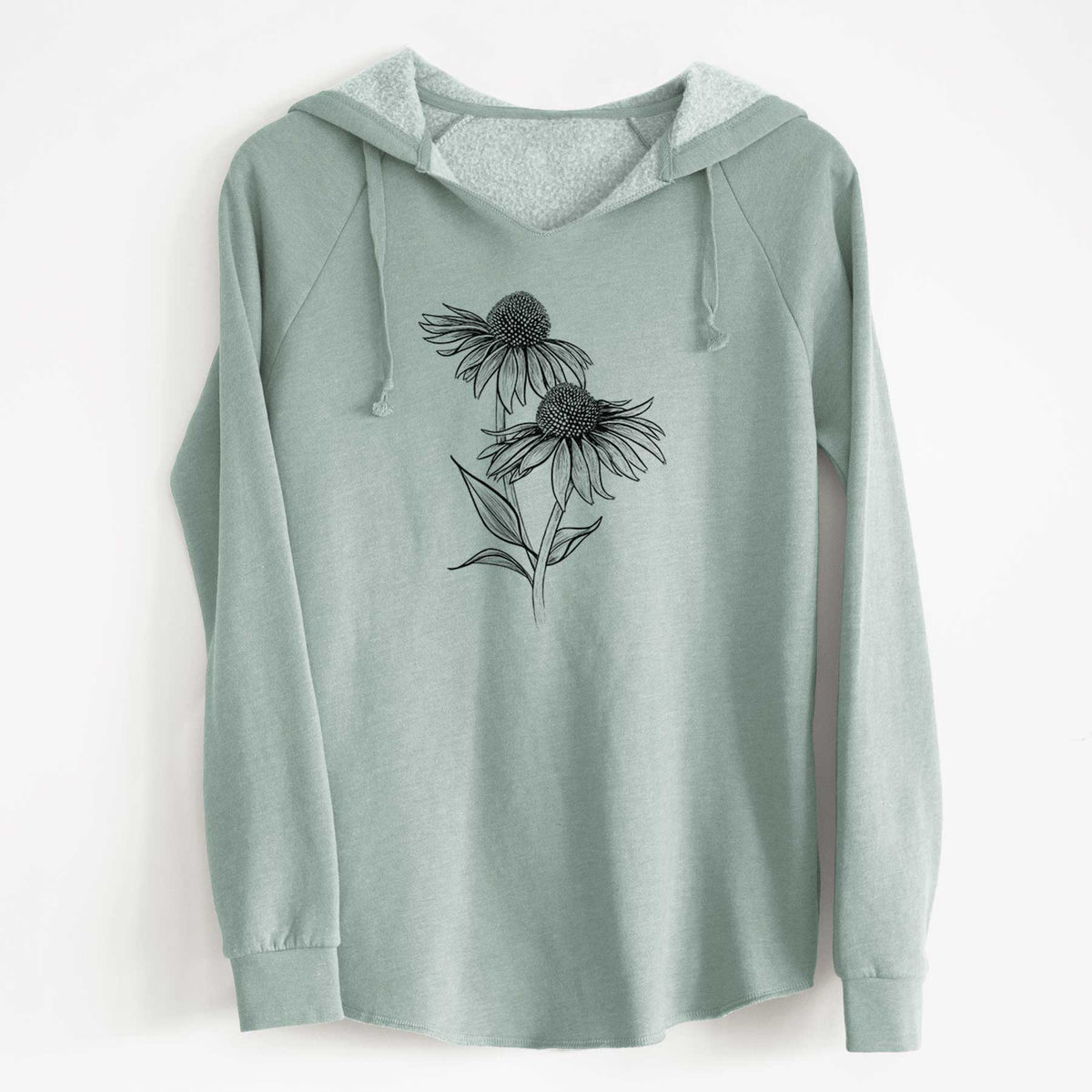 Sage green women's Cali Wave hooded sweatshirt laid flat, printed with a black ink line drawing of two coneflowers on tall stems.