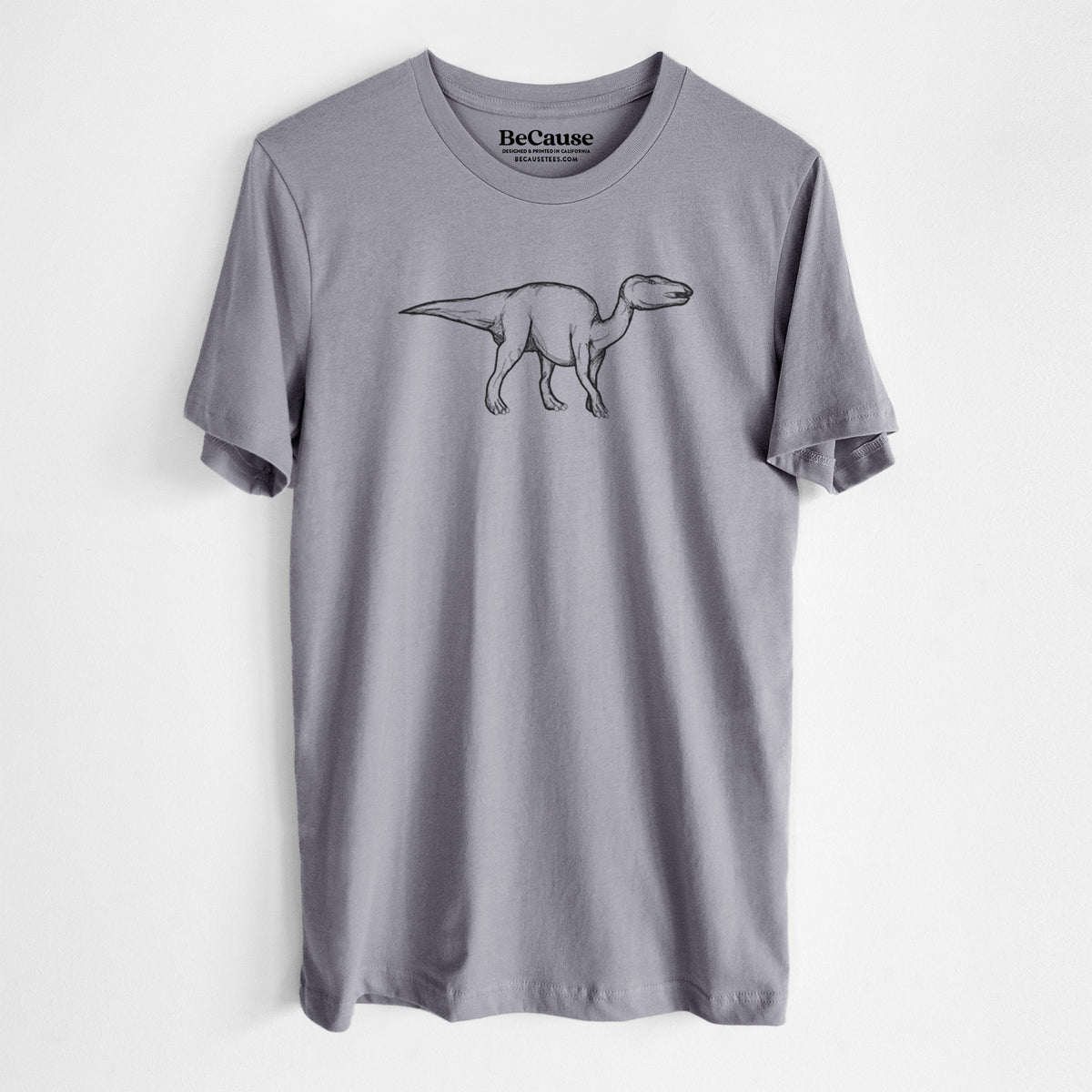 Storm grey lightweight cotton t-shirt laid flat, printed with a black ink illustration of an Edmontosaurus walking.