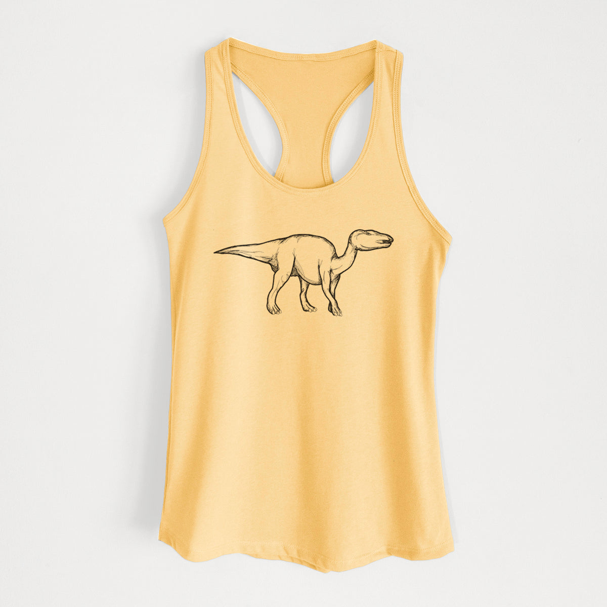 Banana cream women's racerback tank top laid flat, printed with a black ink illustration of an Edmontosaurus walking.
