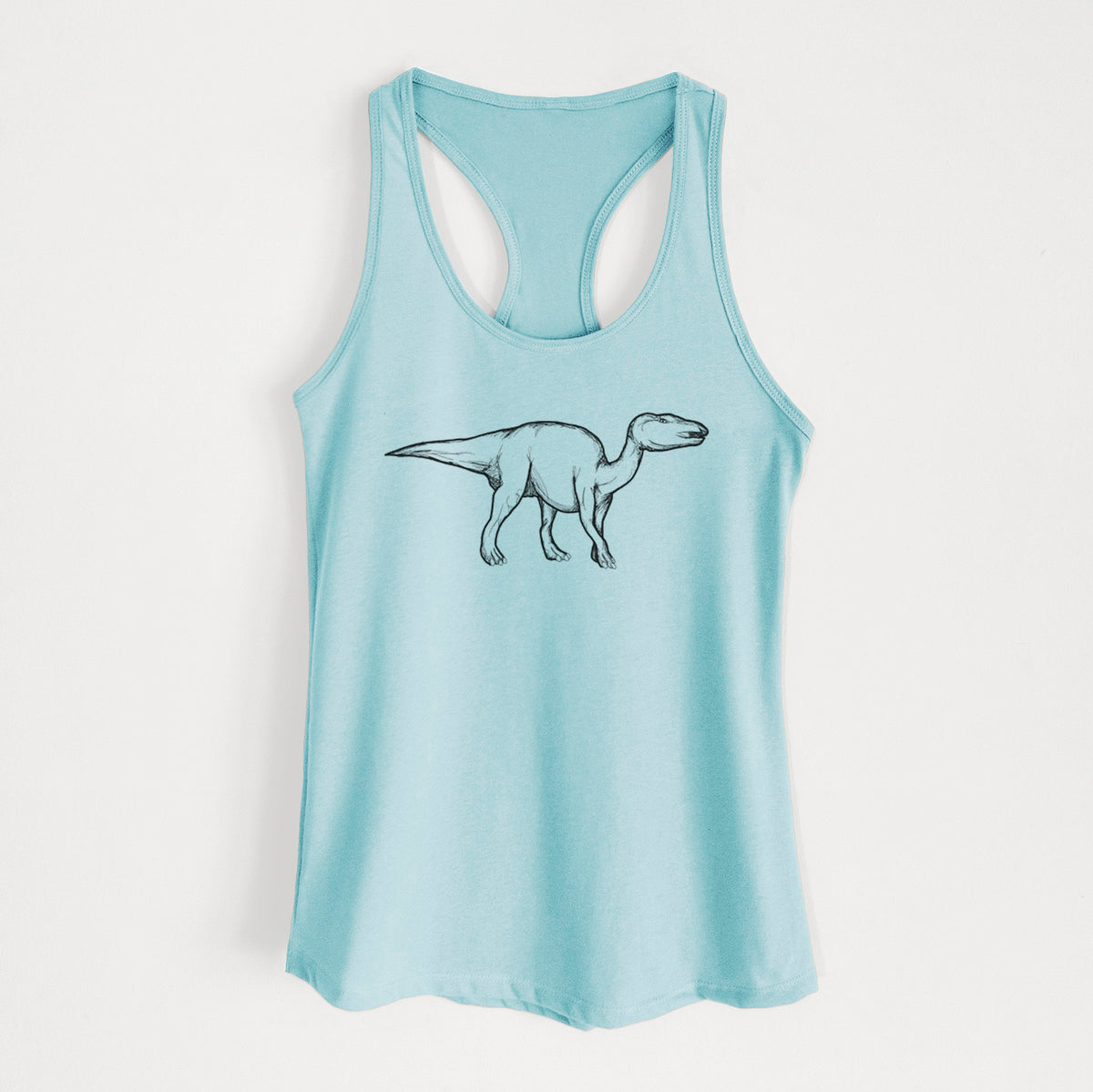 Cancun blue women's racerback tank top laid flat, printed with a black ink illustration of an Edmontosaurus walking.