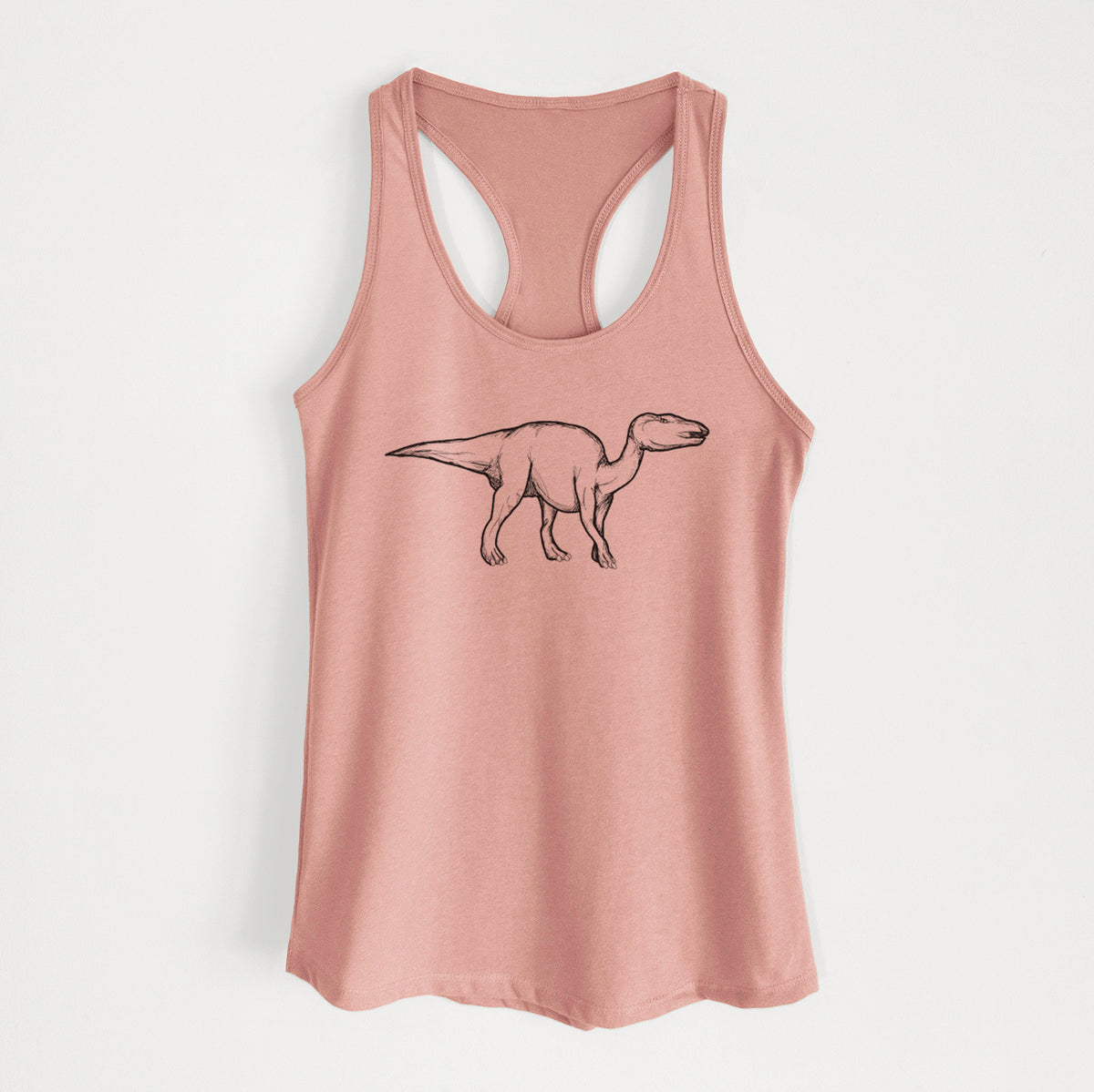 Desert pink women's racerback tank top laid flat, printed with a black ink illustration of an Edmontosaurus walking.