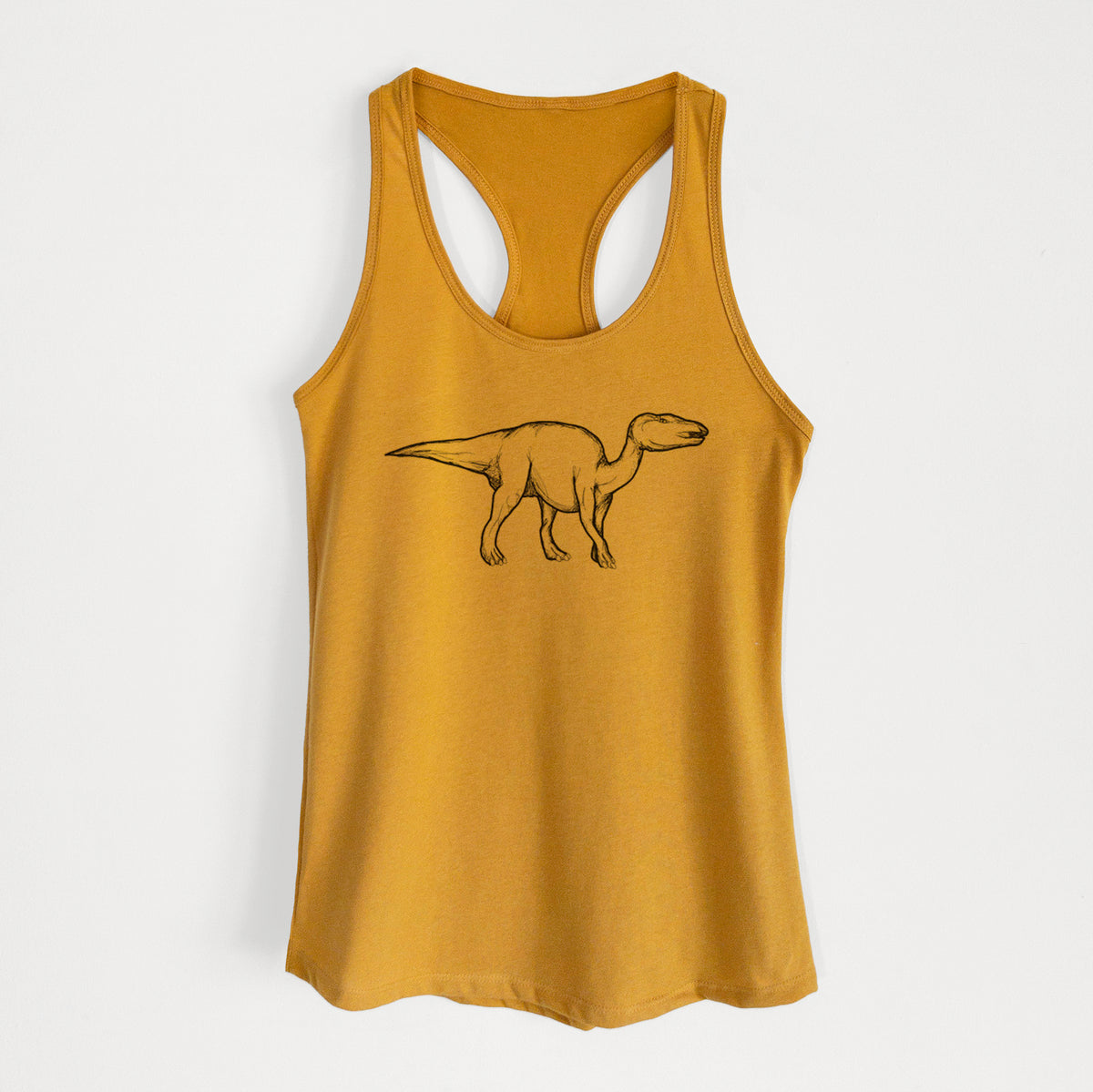 Gold women's racerback tank top laid flat, printed with a black ink illustration of an Edmontosaurus walking.