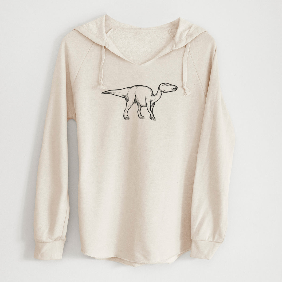 Bone cream women's Cali Wave hooded sweatshirt laid flat, printed with a black ink illustration of an Edmontosaurus walking.