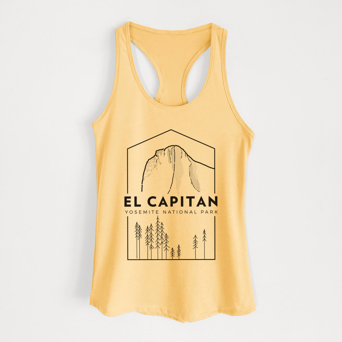 Banana cream women's racerback tank top laid flat, printed with a black line art badge of El Capitan rising above a pine forest, with the words El Capitan, Yosemite National Park.