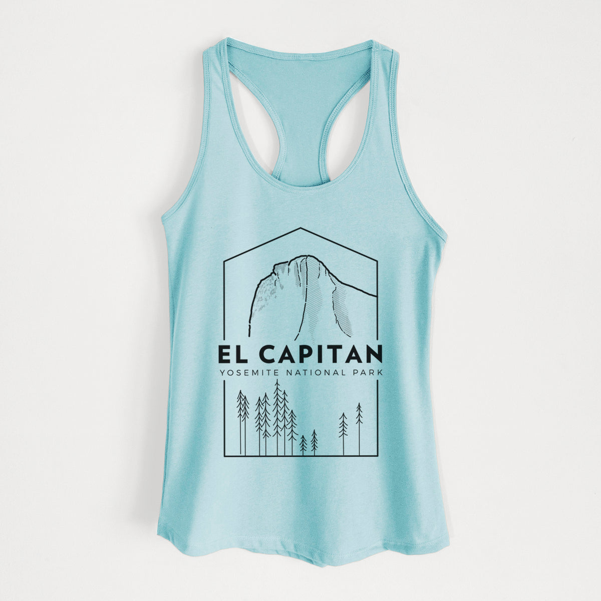 Cancun blue women's racerback tank top laid flat, printed with a black line art badge of El Capitan rising above a pine forest, with the words El Capitan, Yosemite National Park.