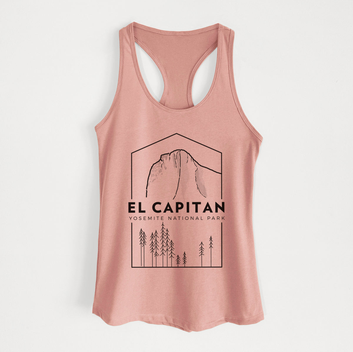Desert pink women's racerback tank top laid flat, printed with a black line art badge of El Capitan rising above a pine forest, with the words El Capitan, Yosemite National Park.