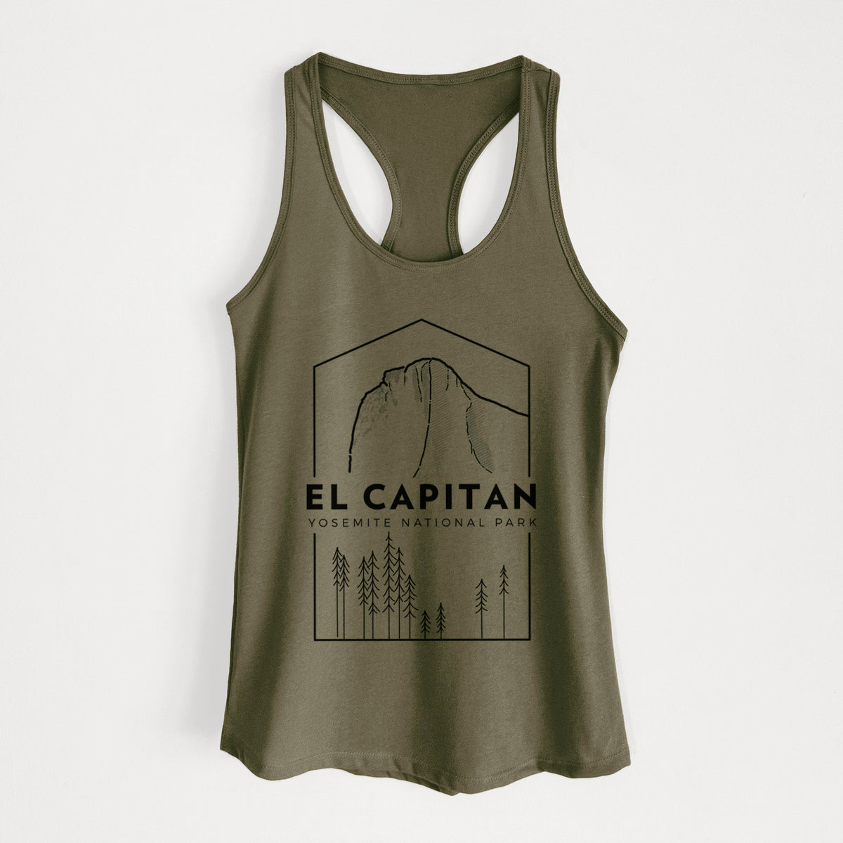 Military green women's racerback tank top laid flat, printed with a black line art badge of El Capitan rising above a pine forest, with the words El Capitan, Yosemite National Park.