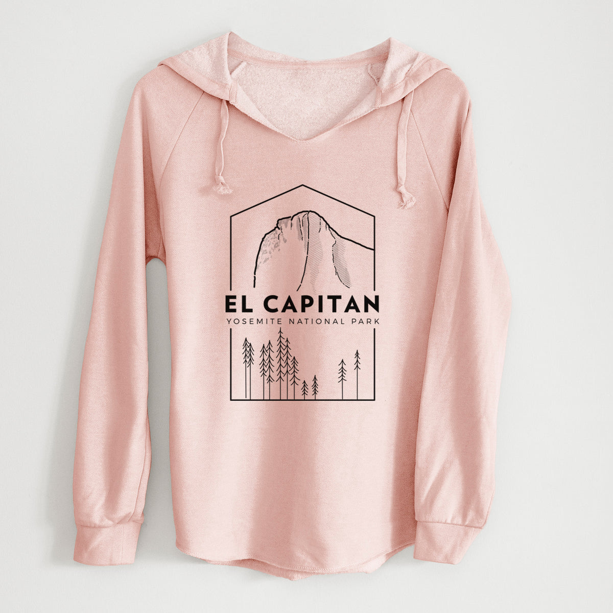 Blush pink women's Cali Wave hooded sweatshirt laid flat, printed with a black line art badge of El Capitan rising above a pine forest, with the words El Capitan, Yosemite National Park.