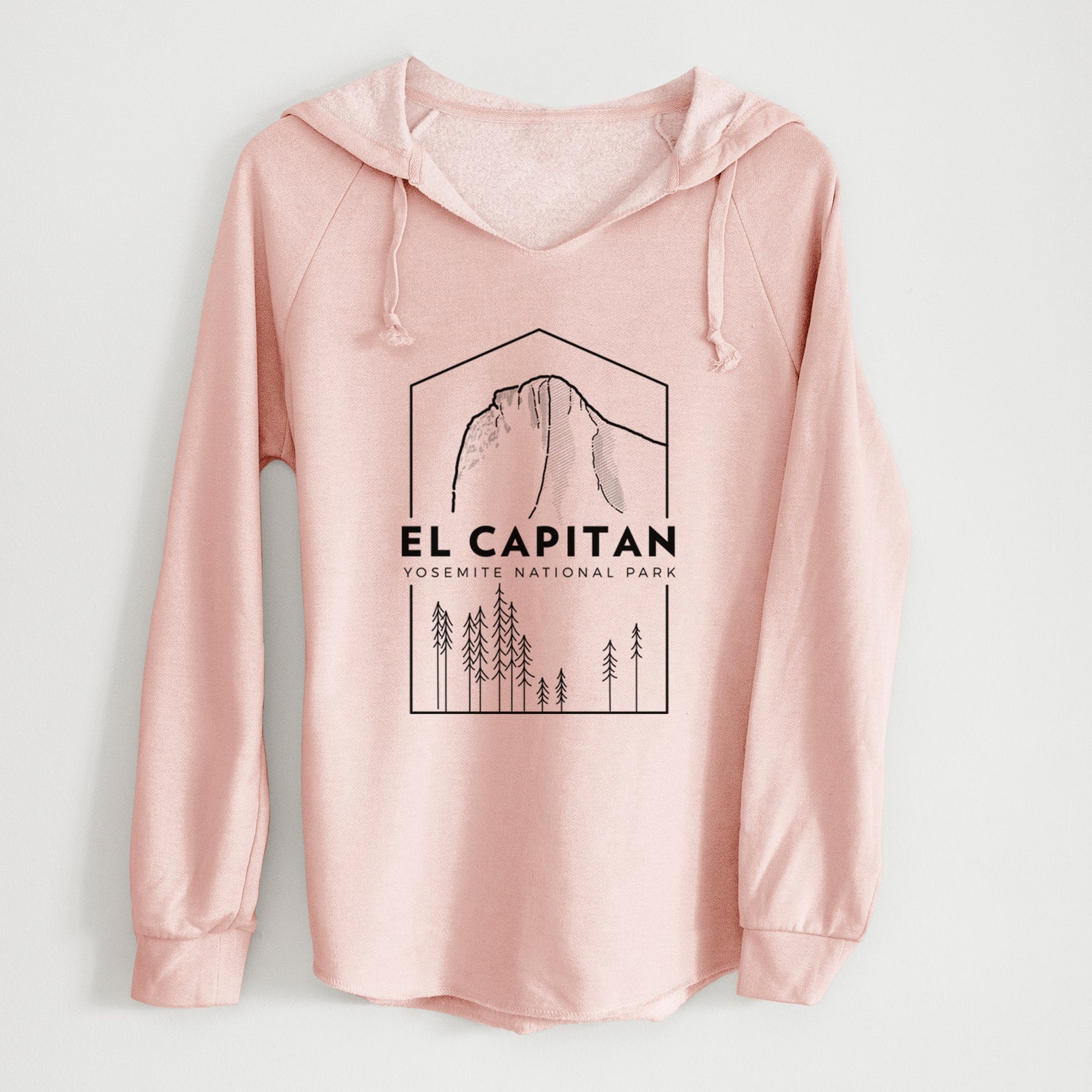 Sage green women's Cali Wave hooded sweatshirt laid flat, printed with a black line art badge of El Capitan rising above a pine forest, with the words El Capitan, Yosemite National Park.