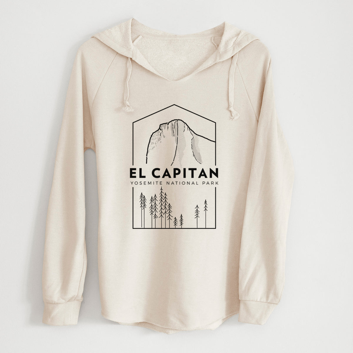 Bone cream women's Cali Wave hooded sweatshirt laid flat, printed with a black line art badge of El Capitan rising above a pine forest, with the words El Capitan, Yosemite National Park.