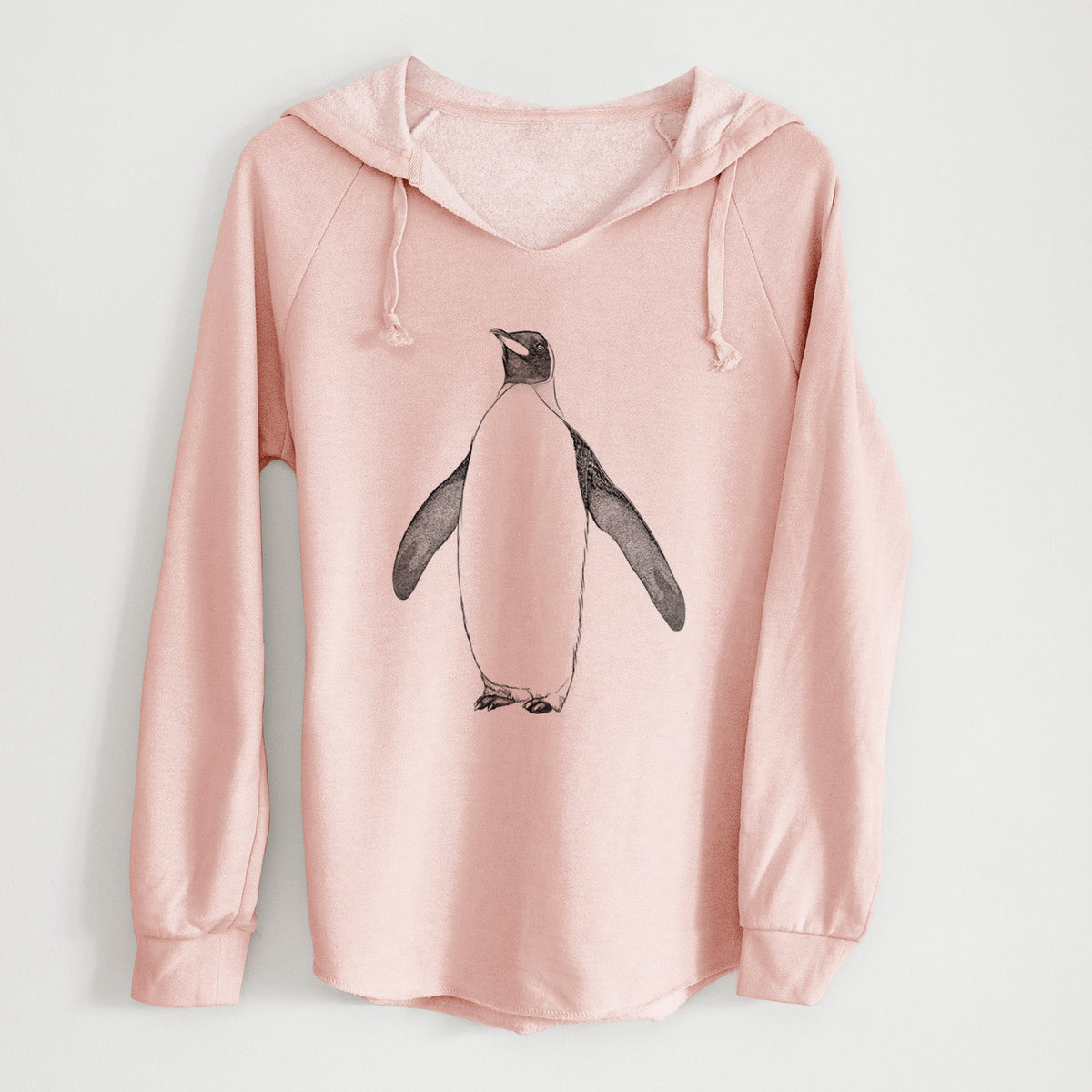Blush pink women's Cali Wave hooded sweatshirt laid flat, printed with a black ink illustration of an emperor penguin standing.