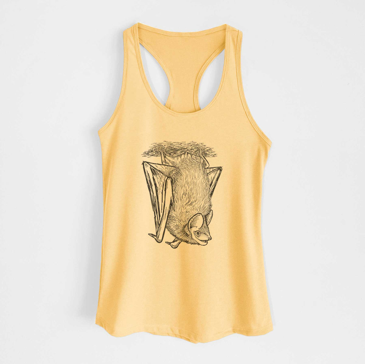 Banana cream women's racerback tank top laid flat, printed with a detailed black ink illustration of a big brown bat hanging upside down.