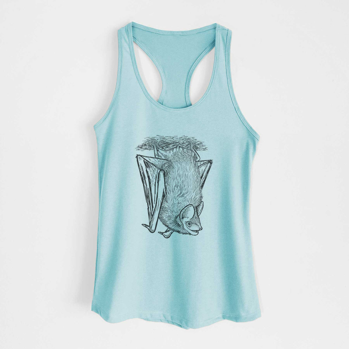 Cancun blue women's racerback tank top laid flat, printed with a detailed black ink illustration of a big brown bat hanging upside down.