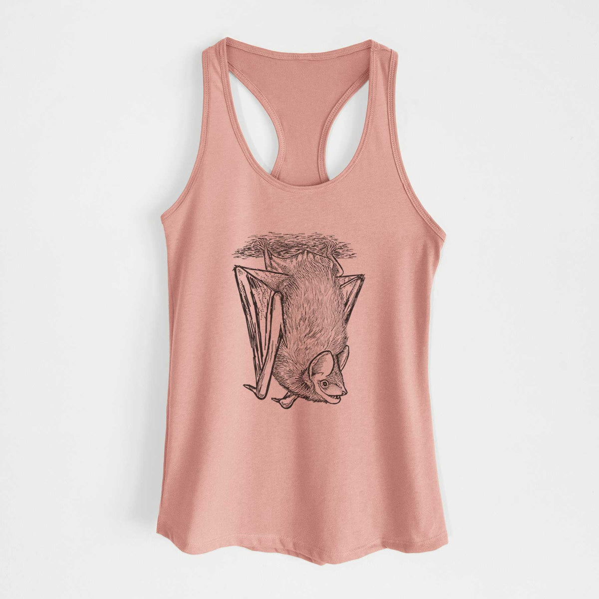 Desert pink women's racerback tank top laid flat, printed with a detailed black ink illustration of a big brown bat hanging upside down.