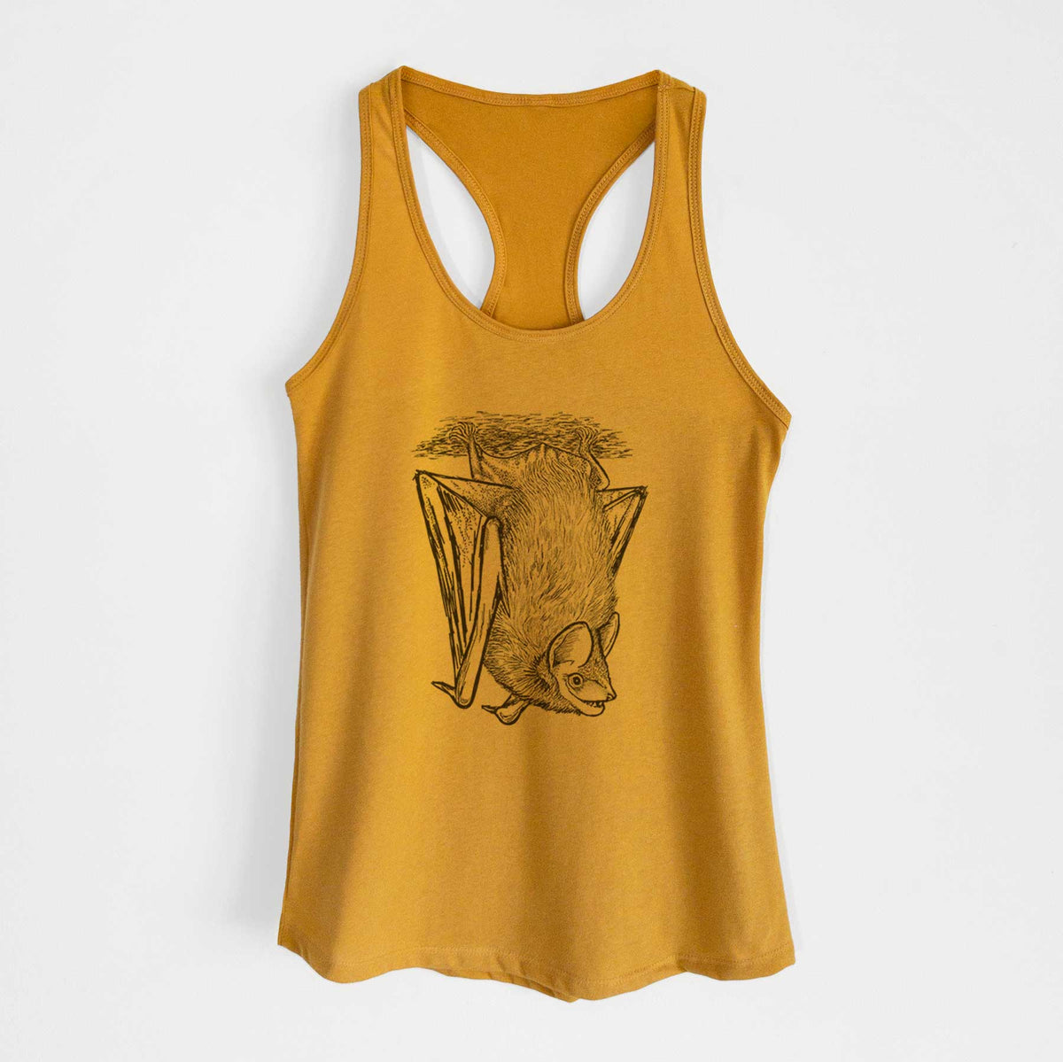 Gold women's racerback tank top laid flat, printed with a detailed black ink illustration of a big brown bat hanging upside down.