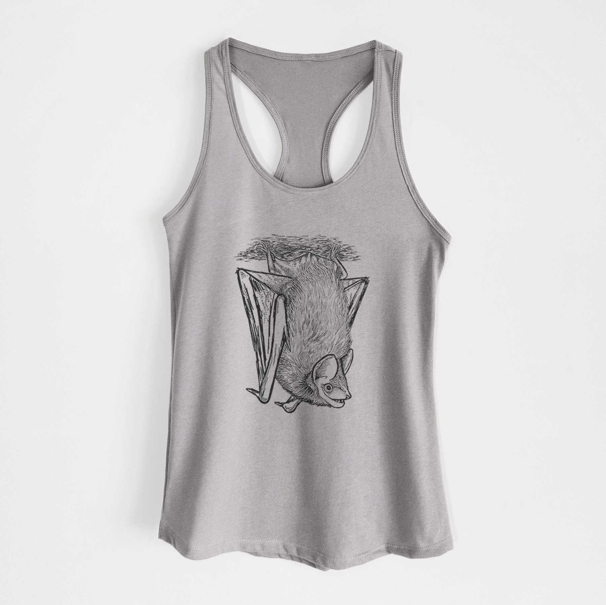 Heather grey women's racerback tank top laid flat, printed with a detailed black ink illustration of a big brown bat hanging upside down.