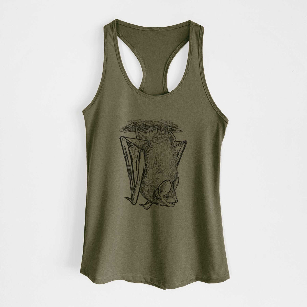 Military green women's racerback tank top laid flat, printed with a detailed black ink illustration of a big brown bat hanging upside down.