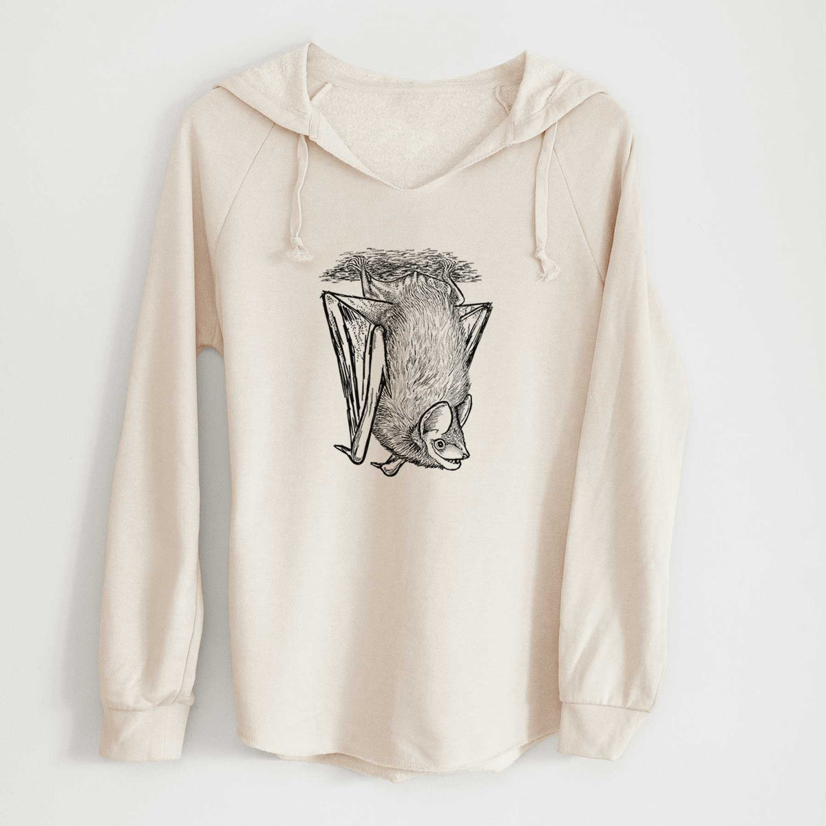 Bone cream women's Cali Wave hooded sweatshirt laid flat, printed with a detailed black ink illustration of a big brown bat hanging upside down.