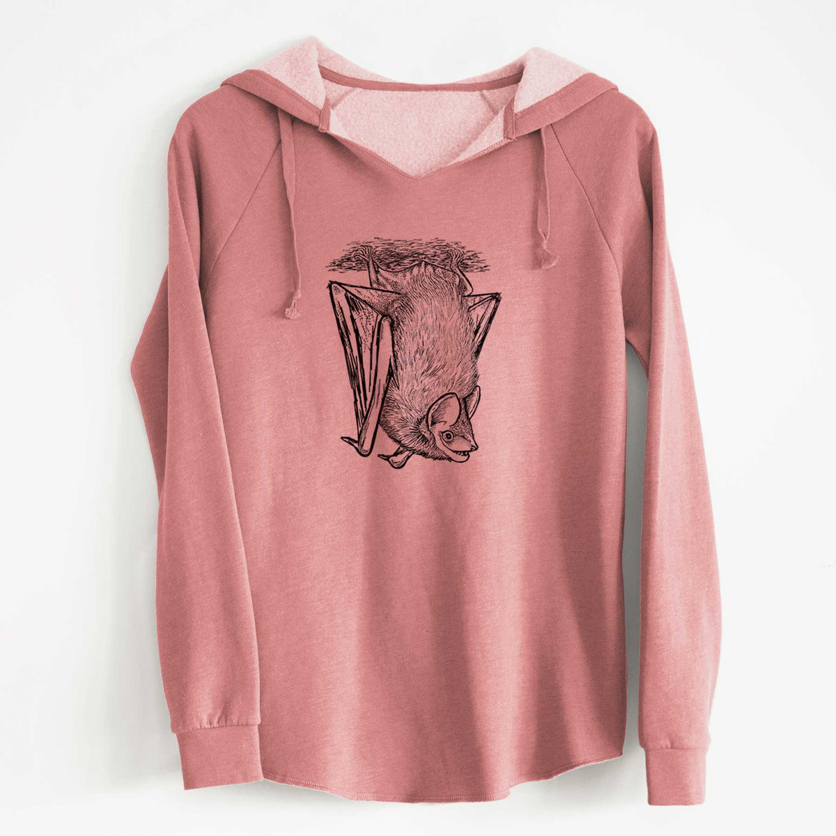 Dusty rose women's Cali Wave hooded sweatshirt laid flat, printed with a detailed black ink illustration of a big brown bat hanging upside down.